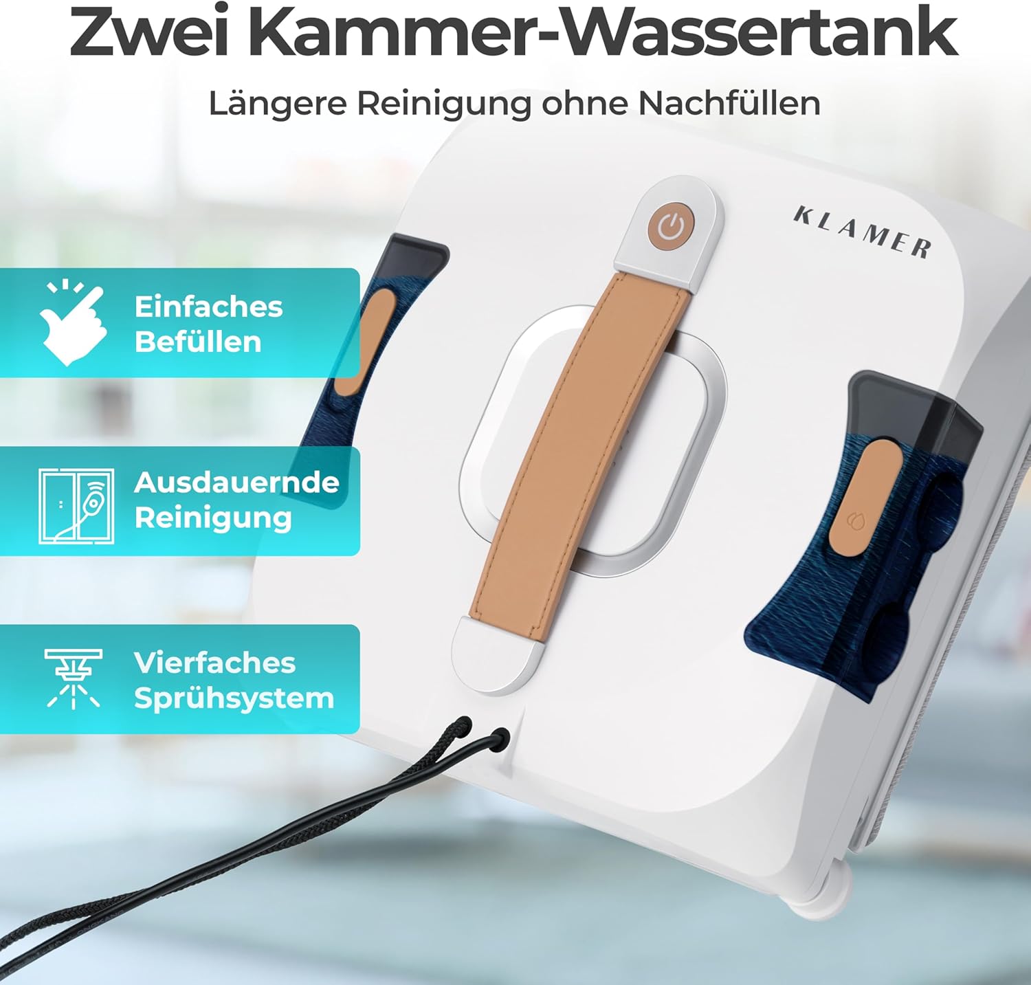 KLAMER Fensterputzroboter 3500 Pa – automatischer Fensterreiniger mit 100 ml Doppelwassertank, Nassreinigungsmodus & Rand-Erkennung, leise 60 dB, Absturzsicherung & Smart Pfadplanung