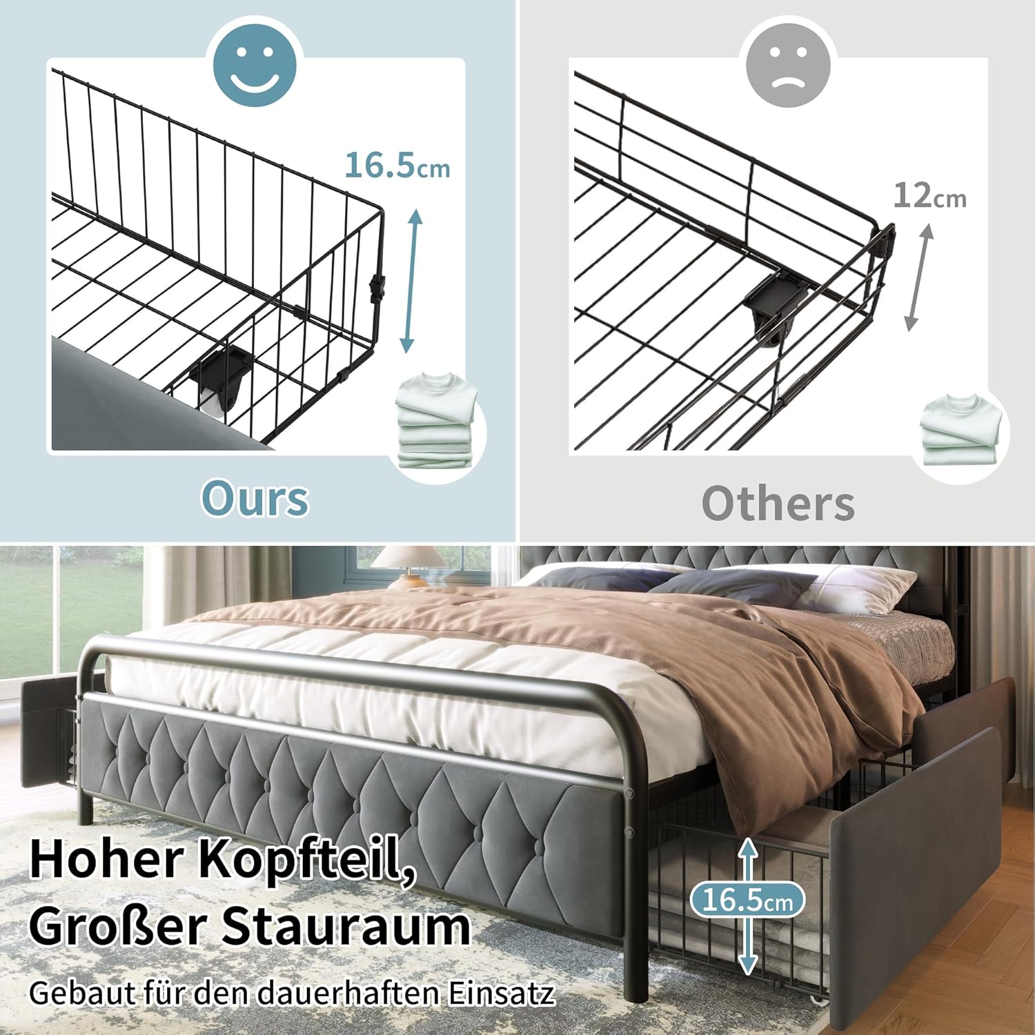 Merax Polsterbett Metallbett 140x200cm mit 4 Schubladen, LED-Beleuchtung, Ladefunktion, Lagerregal, Doppelbett Bettgestell, Stabil Metallrahmen, Stauraumbetten, Jugendbett, Samt, ohne Matratze, Grau