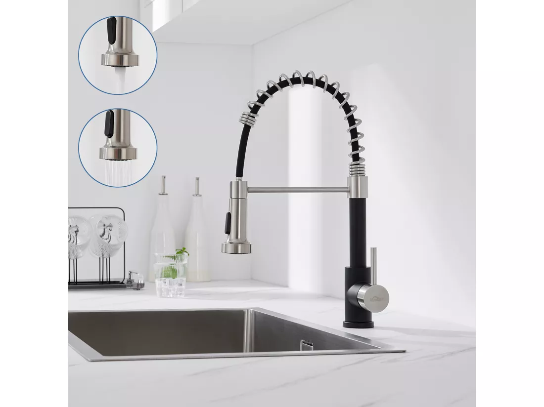 AuraLum Max Mitigeur cuisine avec douchette Robinet Cuisine à Ressort,Rotation 360° Robinet d'Evier 2 Jets,Eau Froide/Chaude,Noir,EU Modèle