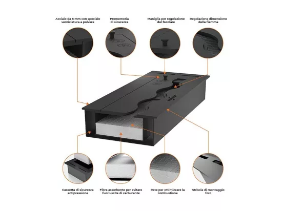 Brûleur à bioéthanol intégré en acier inoxydable noir, 1,2 Lt, 60 cm