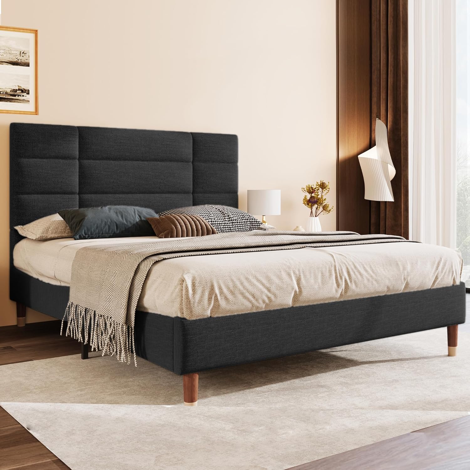 Merax Polsterbett 140x200 cm, Doppelbett, Bett mit Bettkasten Lattenrost, Gepolstertes Bettgestell mit Kopfteil, in Schwarz Leinen, für Erwachsene&Jugendliche(Matratze Nicht enthalten) PC9597831