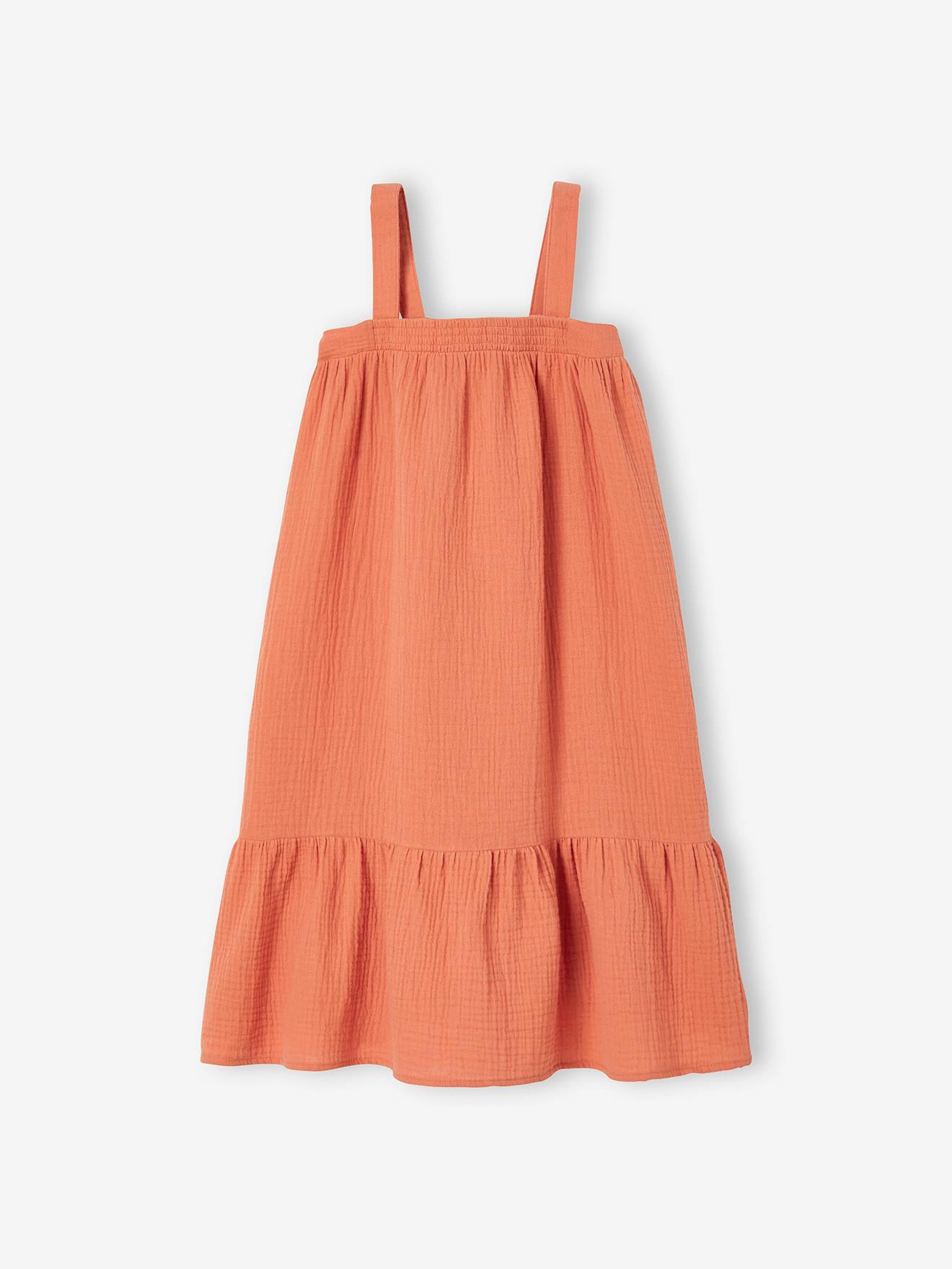 Vestido longo de chiffon de algodão para meninas, branco claro com estampa.