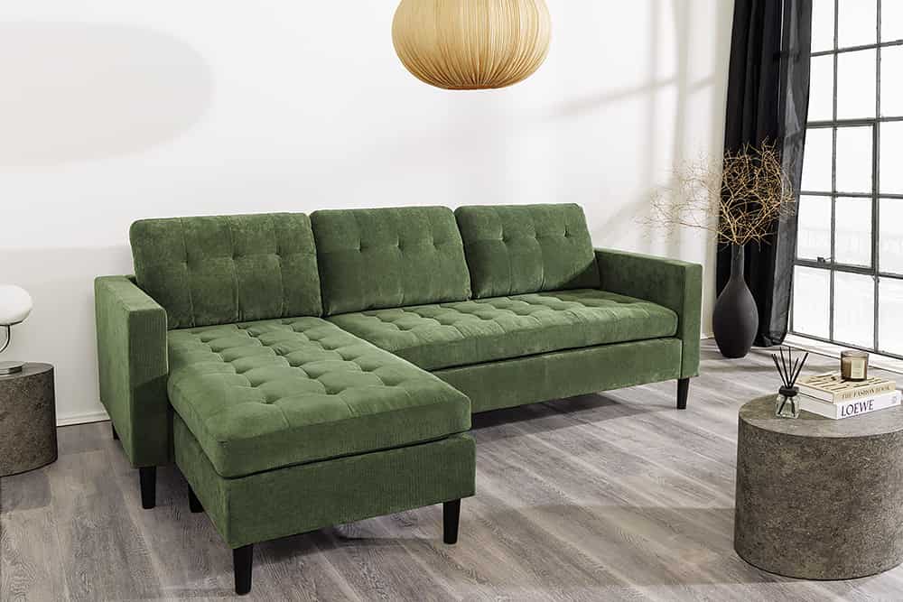 Retro Ecksofa STOCKHOLM 220cm grün Cordstoff Federkern 3-Sitzer