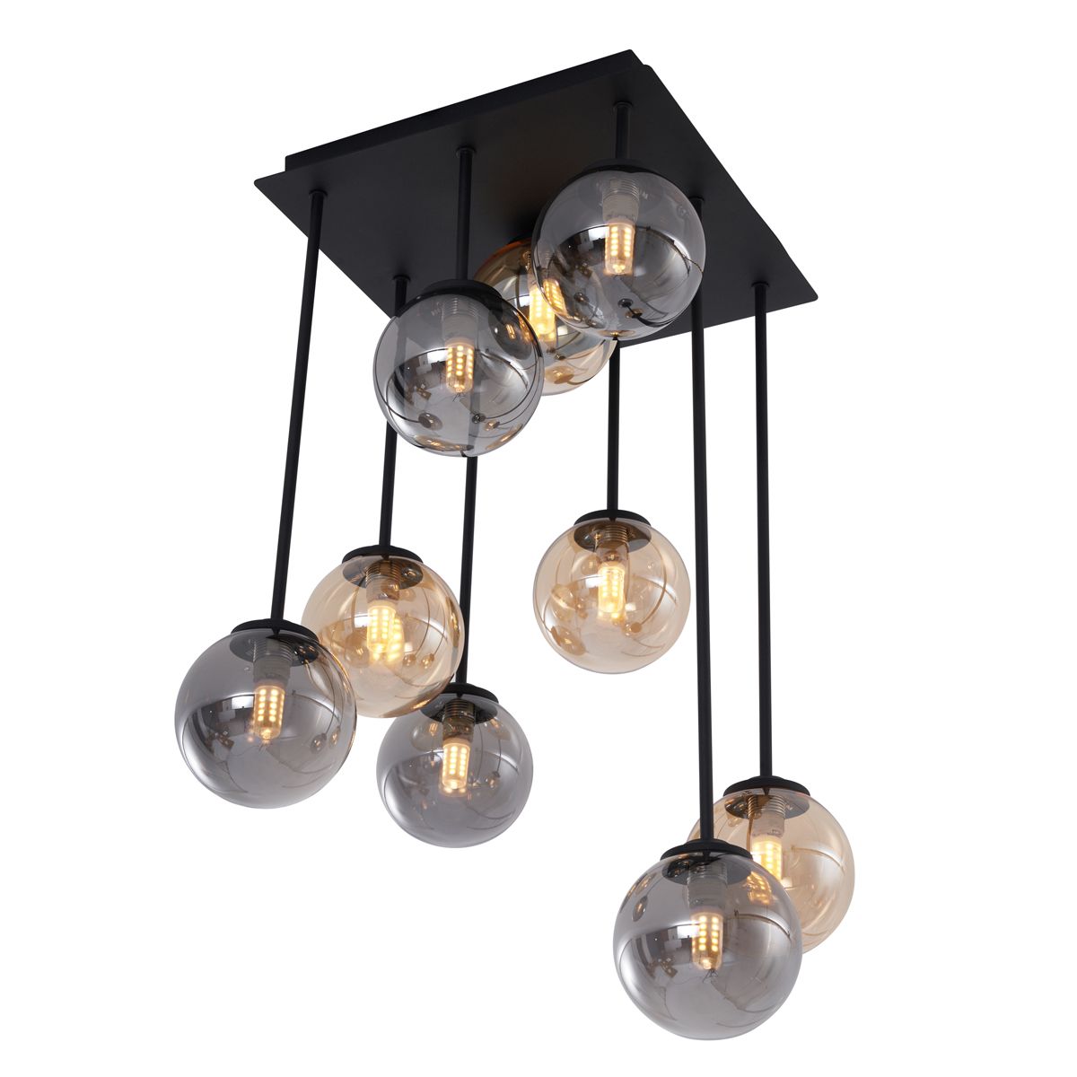 Moderne plafondlamp zwart met amber en smoke glas 9-lichts - Athens