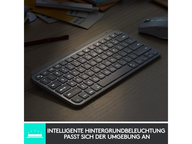 Logitech Tastatur MX Keys Mini Graphite CH-Layout Minimalistische kabellose Tastatur mit Tastenbeleuchtung