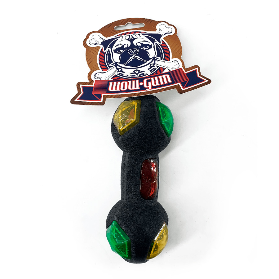 Brinquedo para mastigar Wow Gum Neon Dumbbell para cães, multicolorido e em formato de peso.