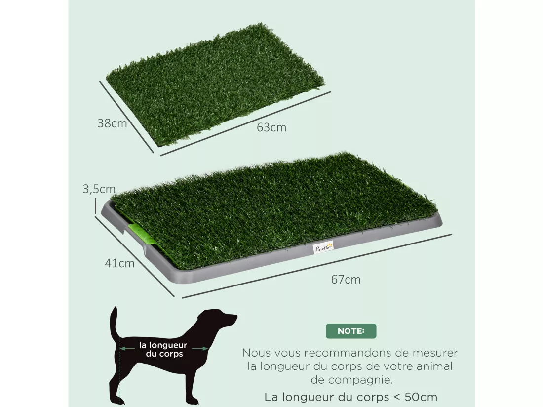Toilette pour chien litière avec 2 tapis en gazon artificiel avec bac pour l'apprentissage de la propreté à l'intérieur et à l'extérieur, tapis d'entraînement pour Animaux, 67 x 41 cm