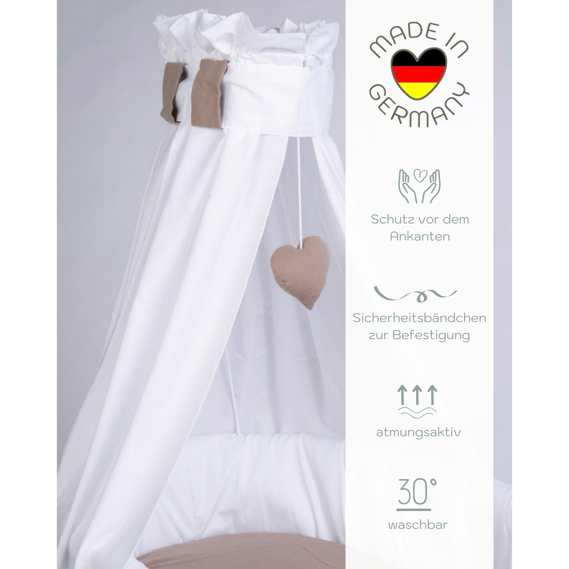 Mionido Textiles Set für Stubenwagen Uni Herz nougat