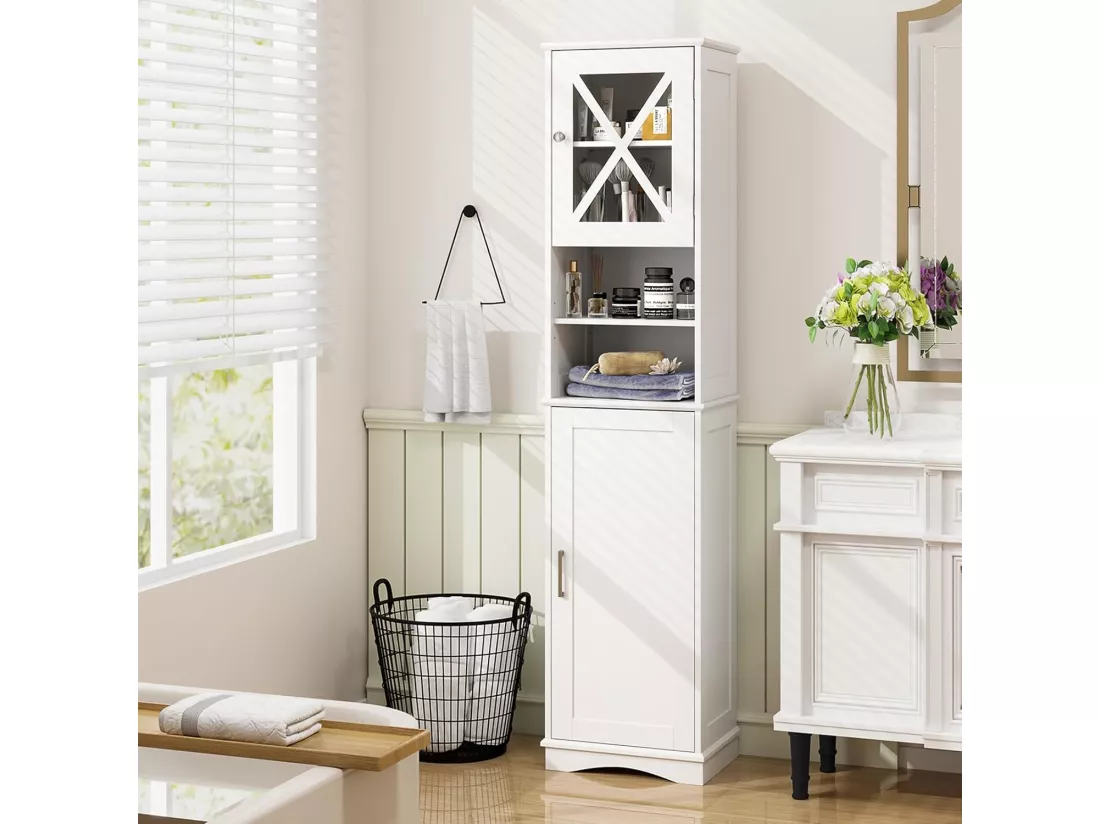 Armoire de Salle de Bain de 170 cm de Hauteur, Meuble de Rangement, Colonne, 5 Étagères Réglables, Placards à Porte, 2 Compartiments, Gain de Place, 30 x 40 x 170 cm, Blanc
