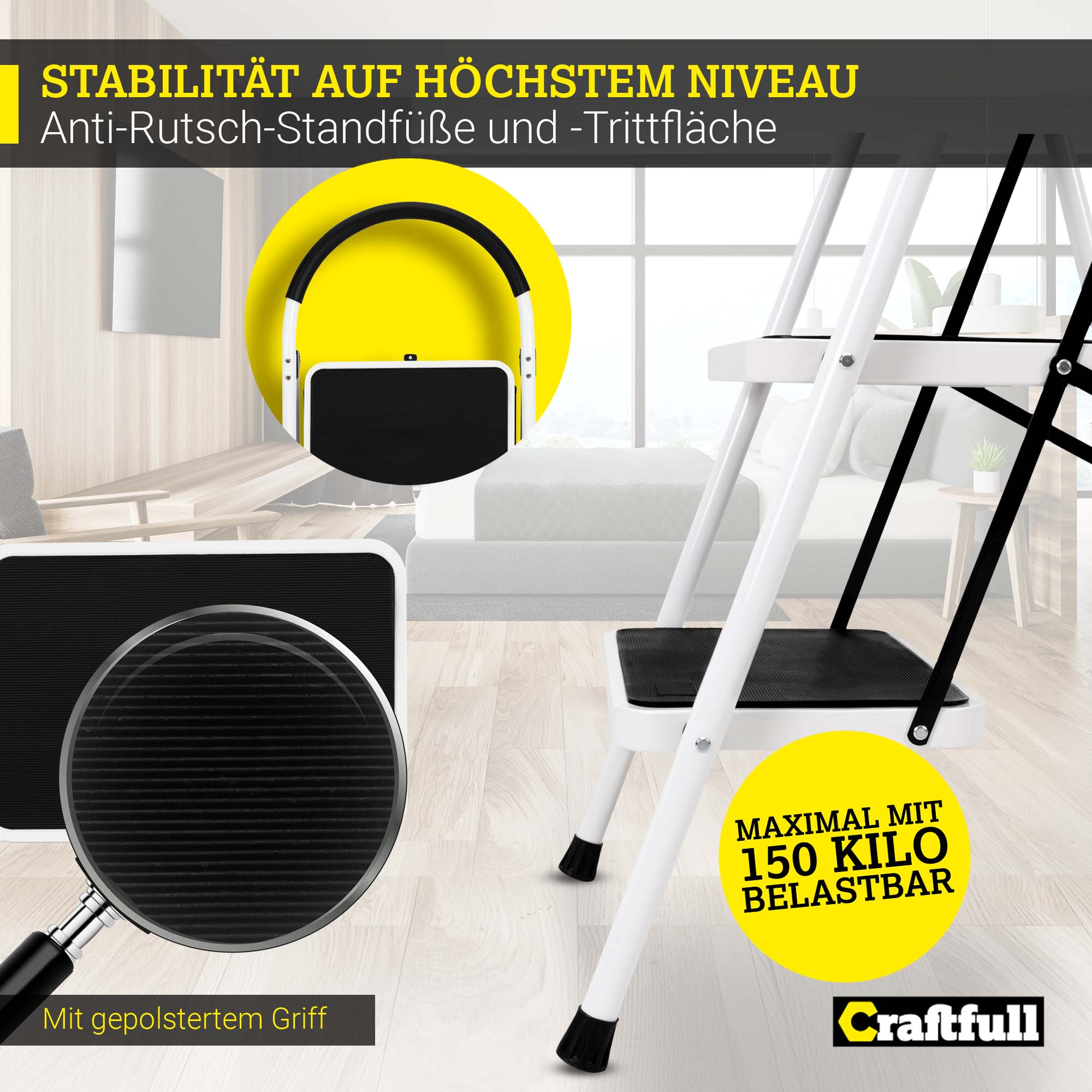 Craftfull Klapptritt CF-130A, 2-5 Stufen, Anti-Rutsch-Tritfflächen, Sicherheitsriegel, 3 J. Garantie (2 Stufen)