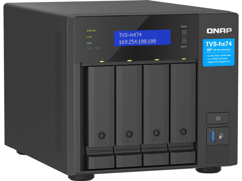 QNAP TVS-h474-PT-8G 4-bay Hochzuverlässiger ZFS-basierter Speicher mit PCIe Gen 4 Erweiterbarkeit für 10/25 GBE Konnektivität, M.2 NVMe SSD-Caching und Multi-Thread Prozessoren für Virtualisierungsanwendungen