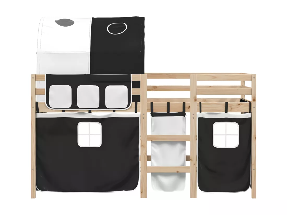 Lit mezzanine enfants et tunnel blanc/noir 90x200 cm pin massif