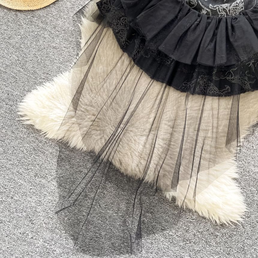 Lucuna - Asymmetrische mouwloze, een-schouder, gebloemde, gelaagde, geplooide, knoopsluiting, mesh mini-A-lijn denimjurk
