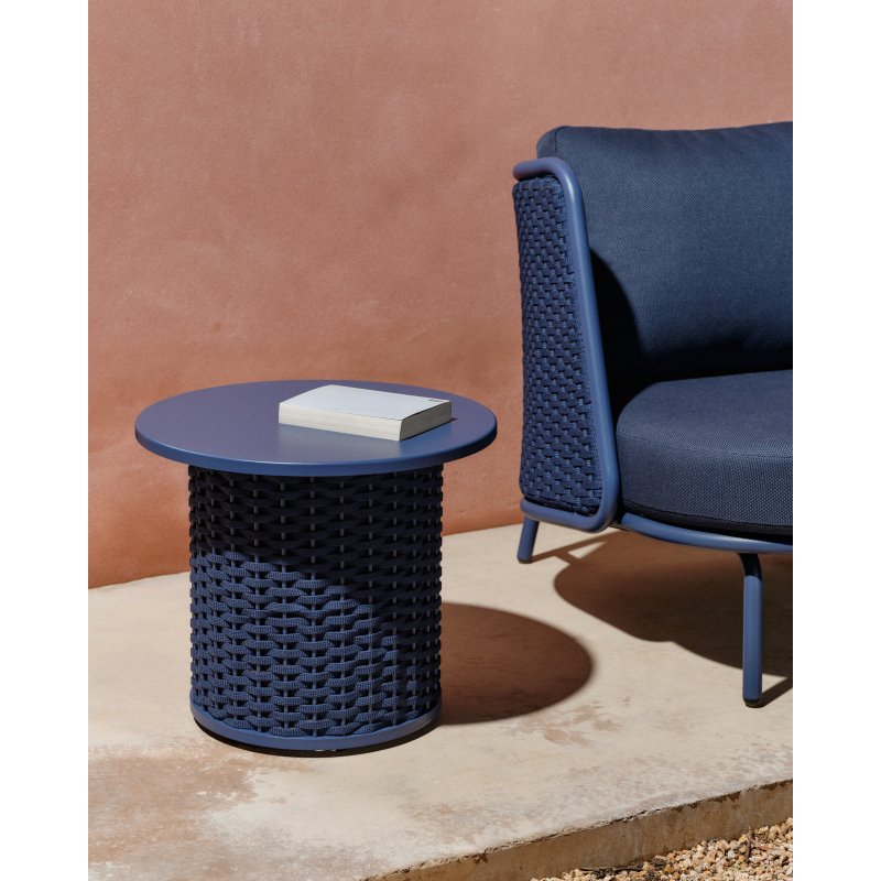Table auxiliaire d’extérieur Sedalis en aluminium et corde bleue Ø50 cm
