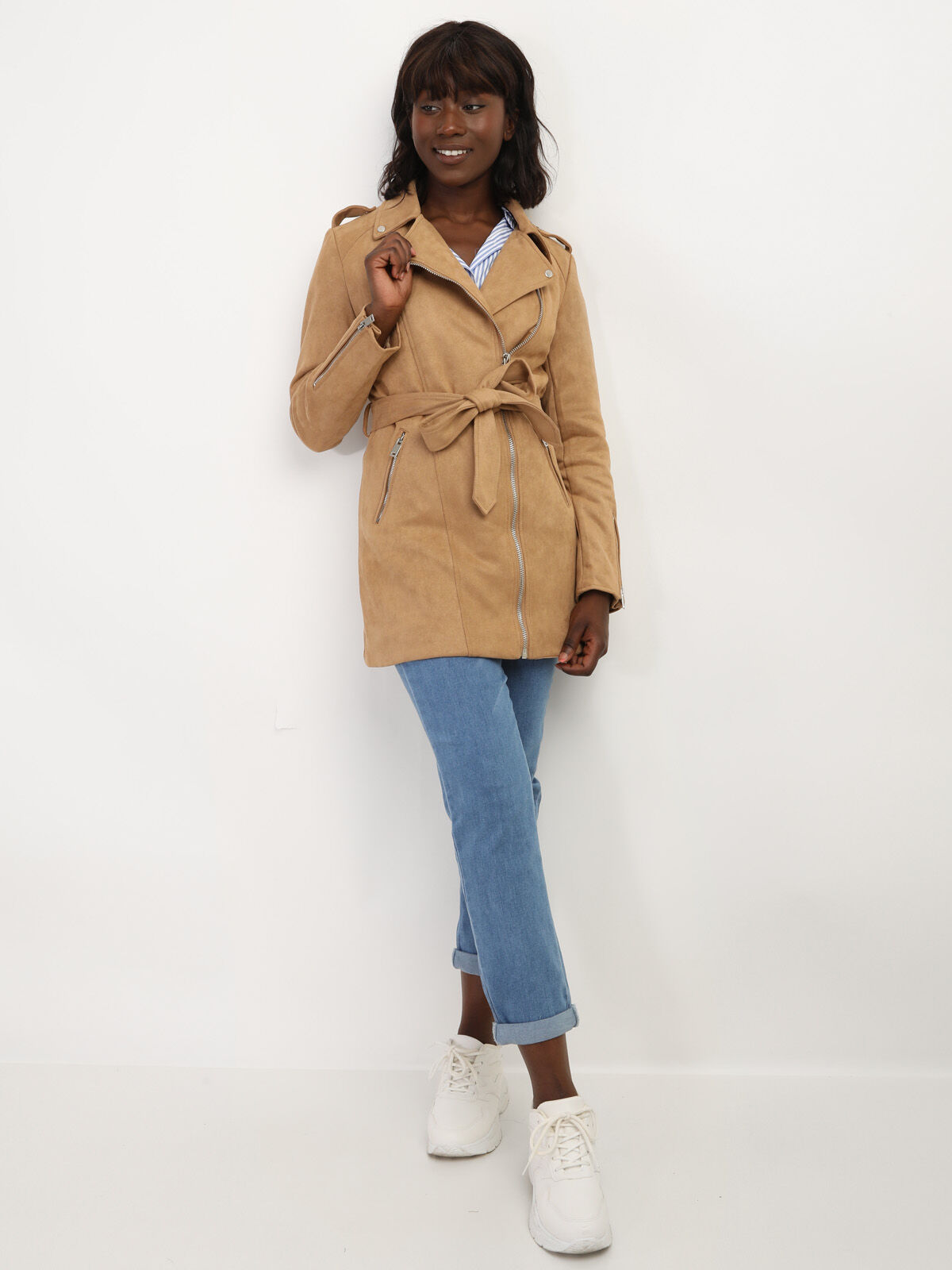 Veste mi-longue style biker en suédine- Marron clair