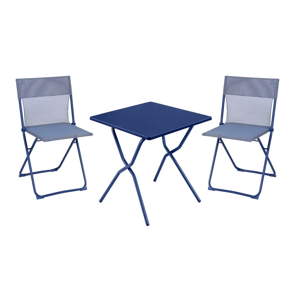Set 1 quadratischer klappbarer Gartentisch, 2 ultrakompakte Klappstühle Balcony Stahl Indigo-Indigo