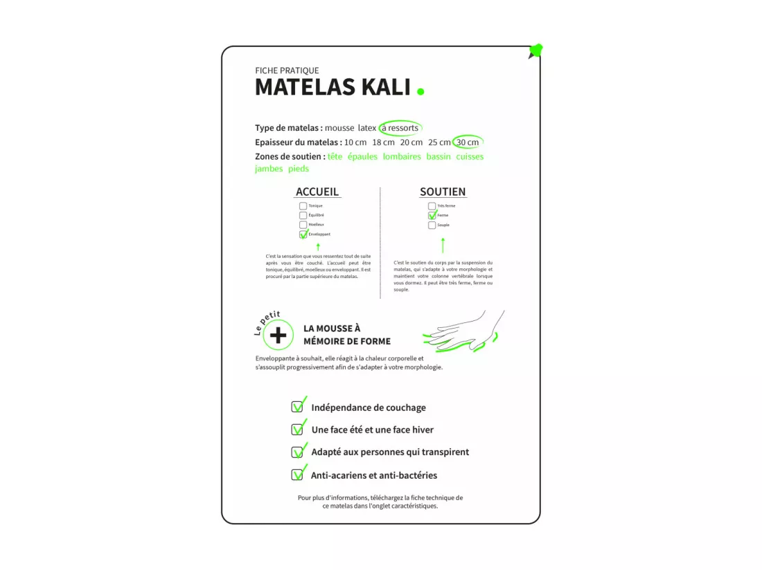 Matelas ressorts ensachés KING STYLE, mémoire de forme, confort ferme Dimensions - 140 x 190 cm