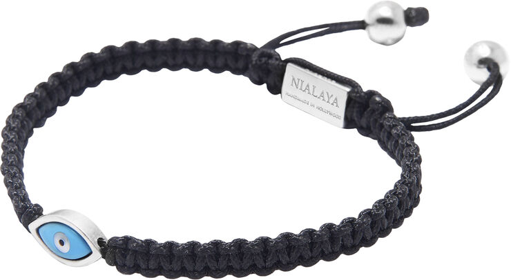 Nialaya Men's Black String Bracelet with Stainless Steel Evil Eye Black