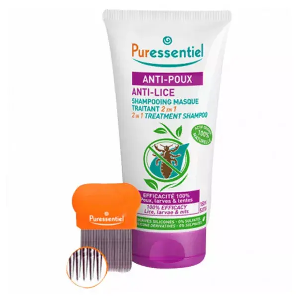 Shampoo e máscara de tratamento 2 em 1 Puressentiel Antipiolhos 150ml + pente