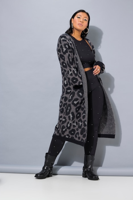 Long-Strickjacke, oversized, Glitzer-Leo