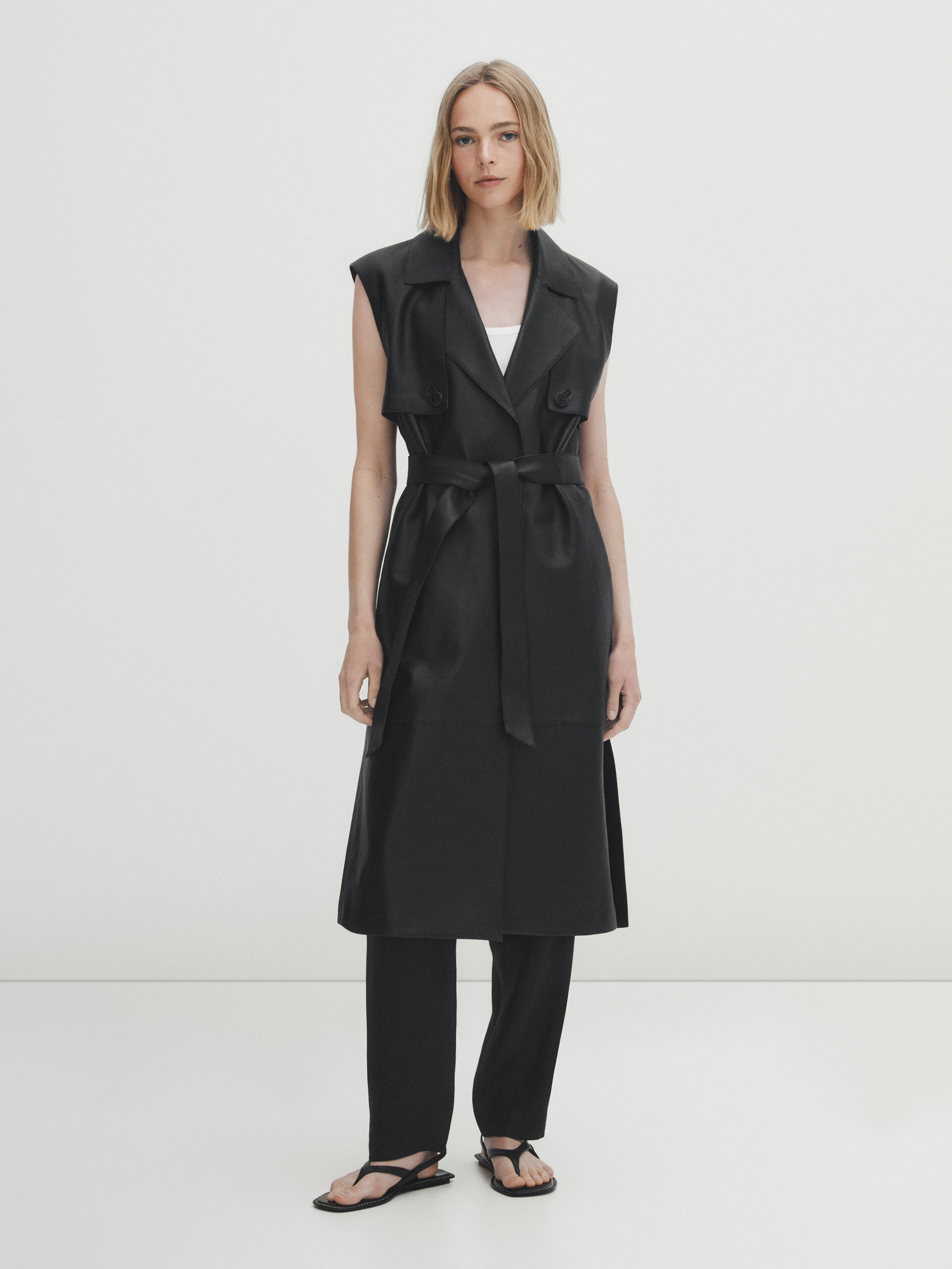 Colete longo de couro napa - PRETO