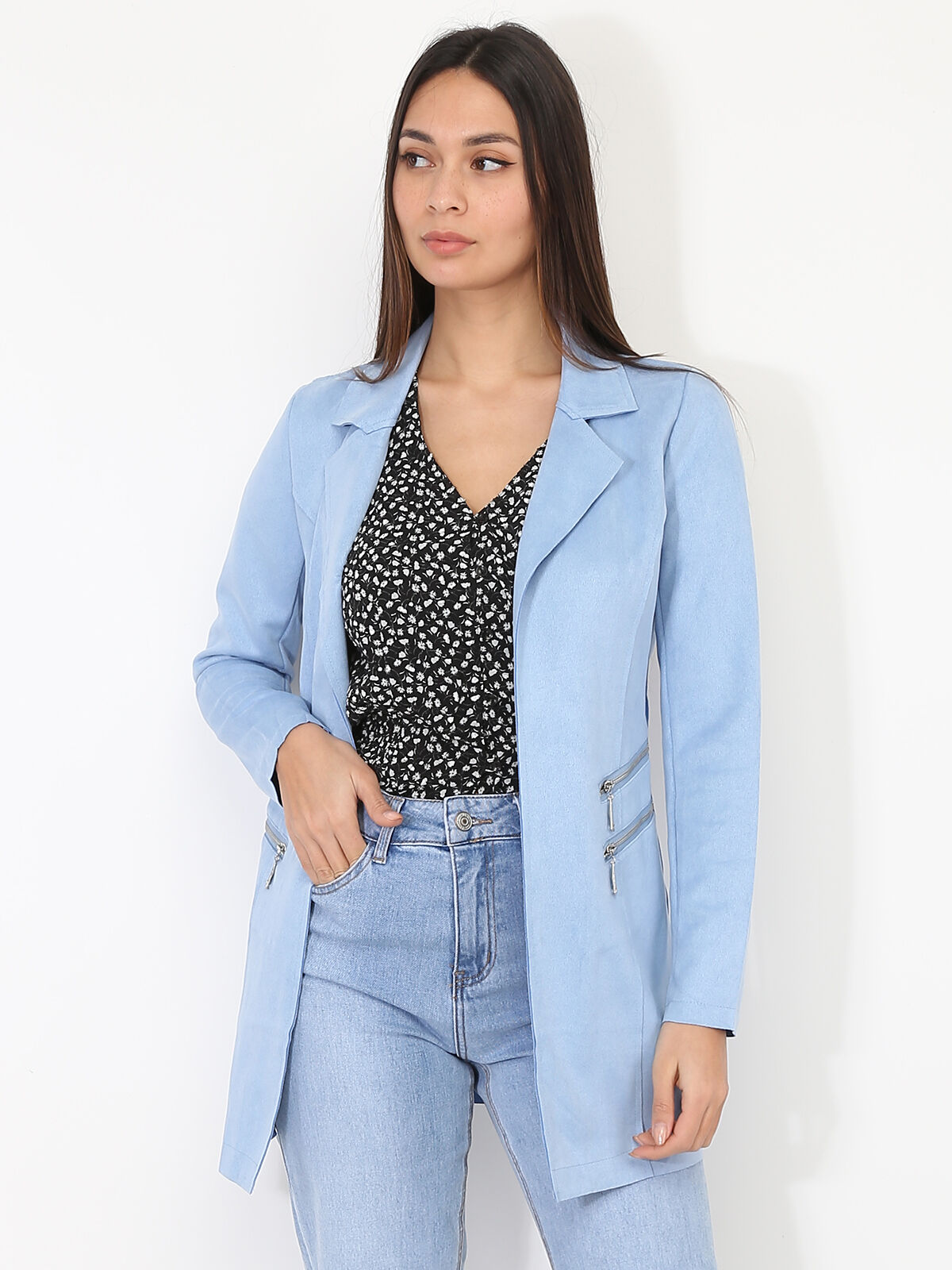 Veste longue en suédine à zips- Bleu clair