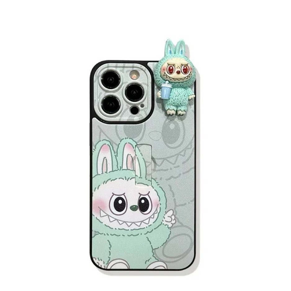 iPhone 15 Pro 3D Silikon Case Hülle mit Kameraschutz   Finger Griff Halterung Monsterhäschen - Türkis