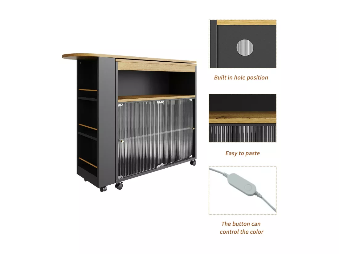 Buffet、Meuble de bar pivotant et escamotable avec LED - compartiments et étagère à épices - Noir