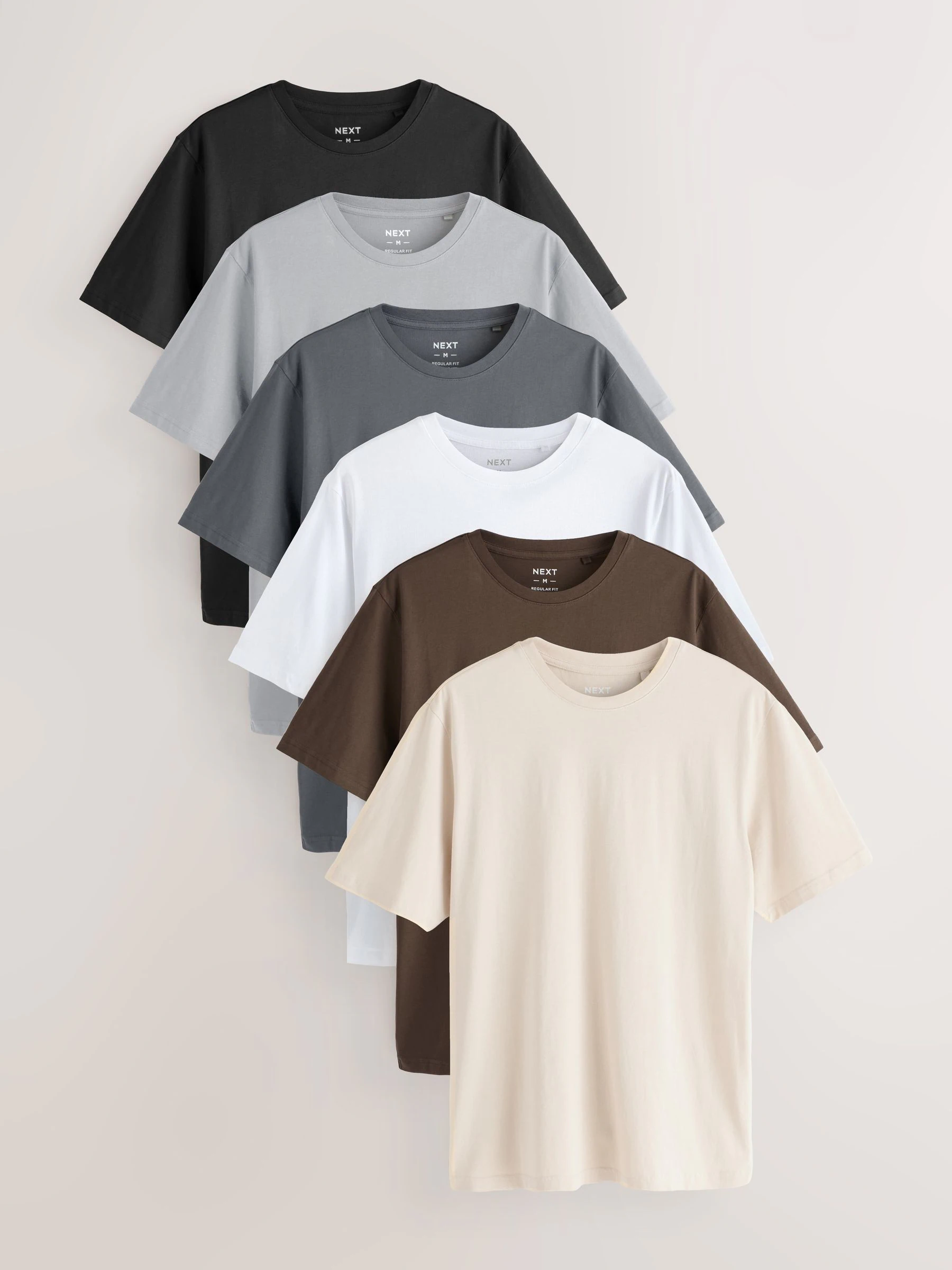 Zwart/Wit/grijs/leigrijs/kiezelkleurig/Bruin - Normale Pasvorm - Essential katoenen T-shirts verpakking van 6