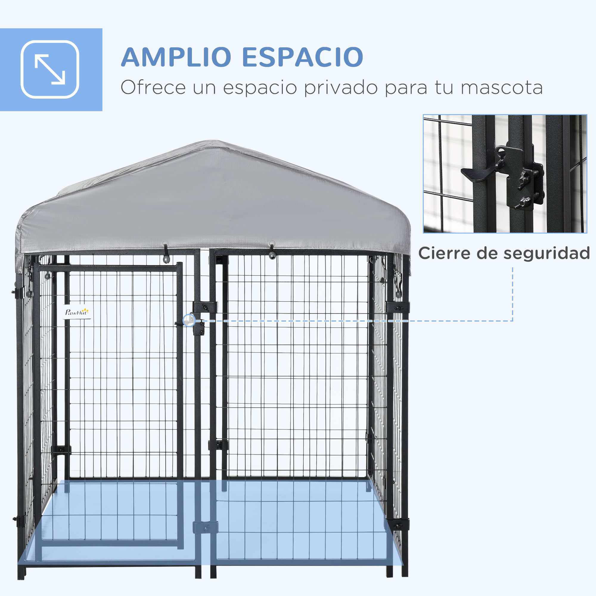 Canil externo Pawhut com cobertura, 120x120x138 cm, gaiola para cães, cercado para animais de estimação com tela metálica e porta com trava para jardim e pátio, cor prata.