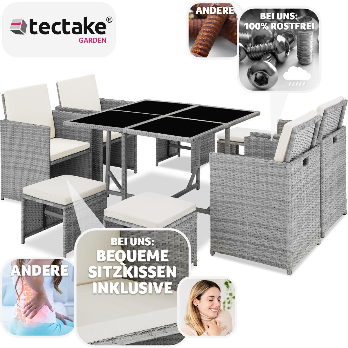 tectake Bilbao rotan zitgroep voor 4 tot 8 personen, inklapbaar, inclusief beschermhoes