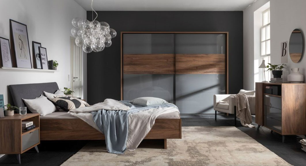 Bett INFINITO 180 x 200 cm Brera Nussbaum/ Stoffbezug grau