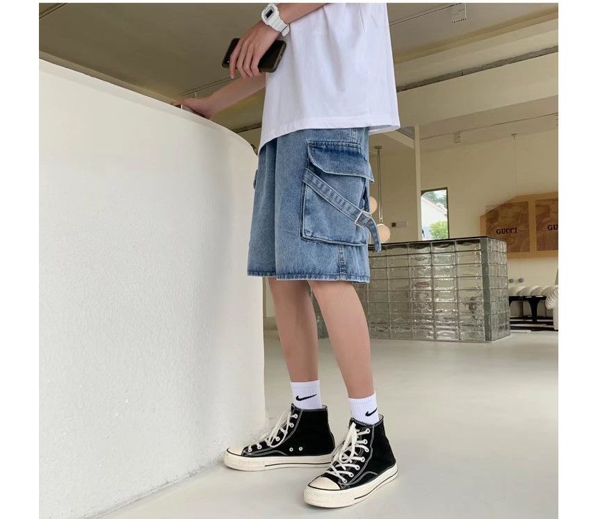 DuckleBeam - Mid Rise Washed Denim Cargo Shorts