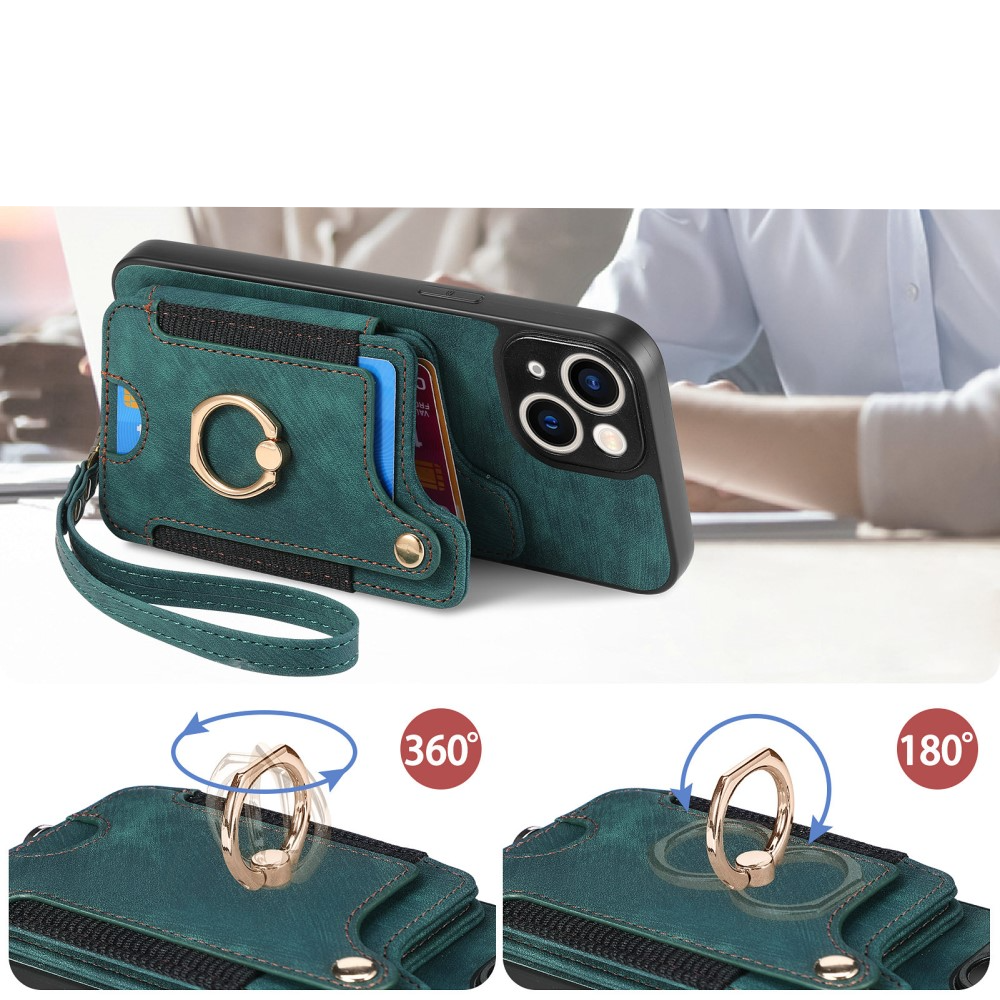 iPhone 14 Necklace Leder Hülle mit Kartenfächer   Finger Griff Halterung   Handykette (RFID Schutz) - Grün