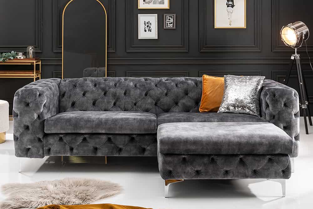 Chesterfield 3-Sitzer Sofa MODERN BAROCK 235cm dunkelgrau Samt Federkern Metallfüße