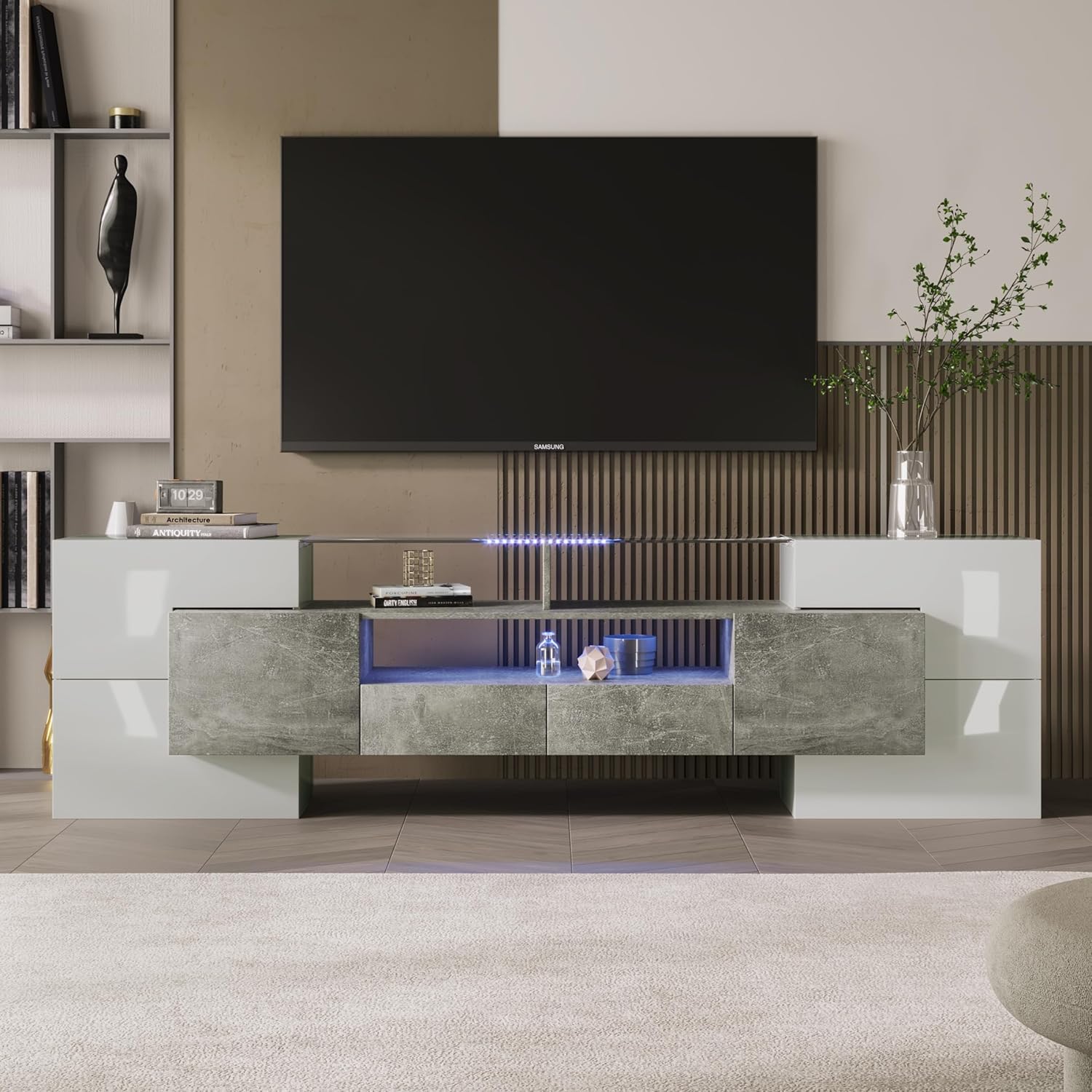 LED TV Lowboard in Hochglanz Weiß und Schwarz, 200 cm Breite, Modernes Wohnzimmer Sideboard mit LED-Beleuchtung, Elegante Glasoberfläche (Grey)