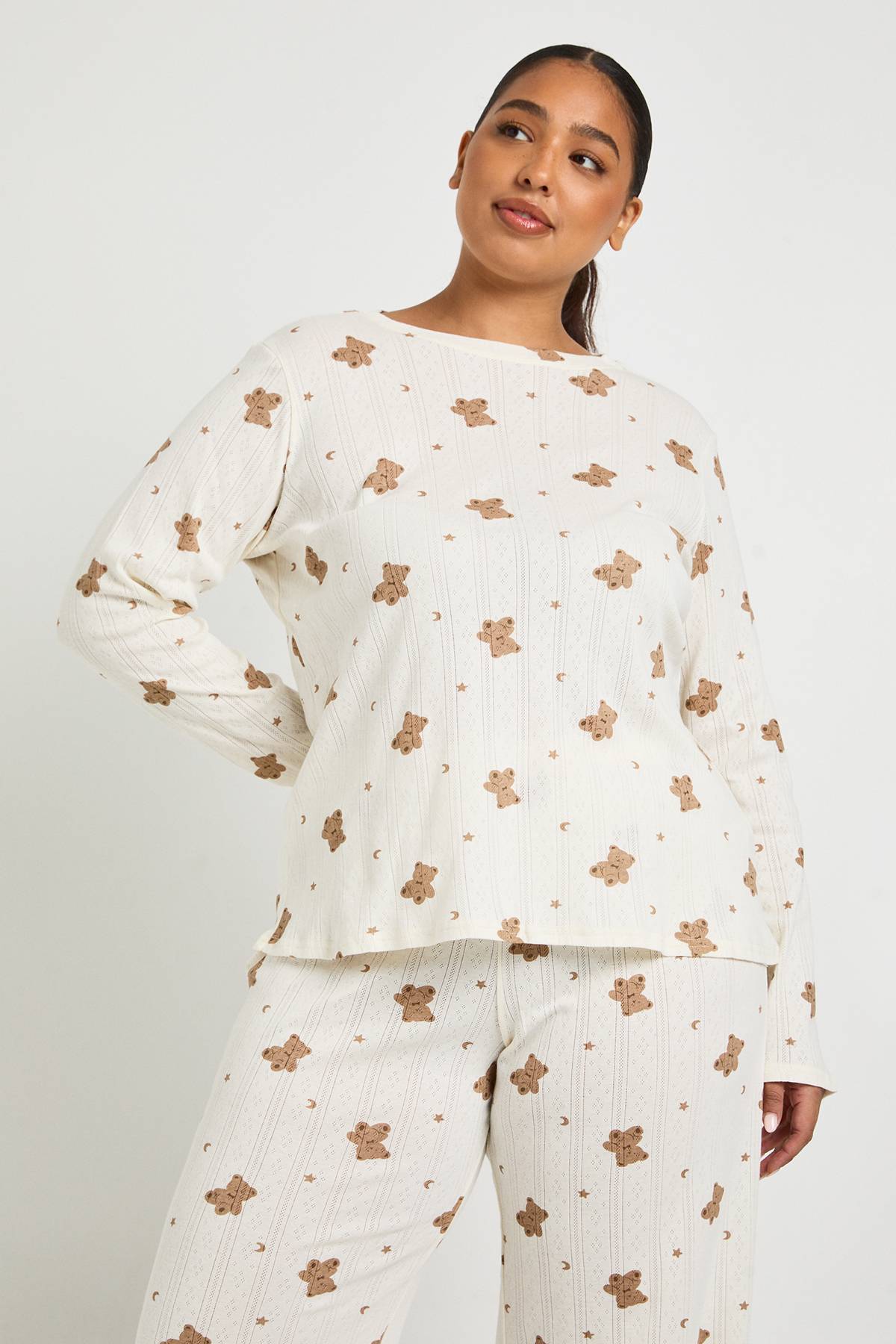 boohoo Ensemble Pyjama Grande Taille Haut Manches Longues Et Pantalon Motif Ours En Pointelle