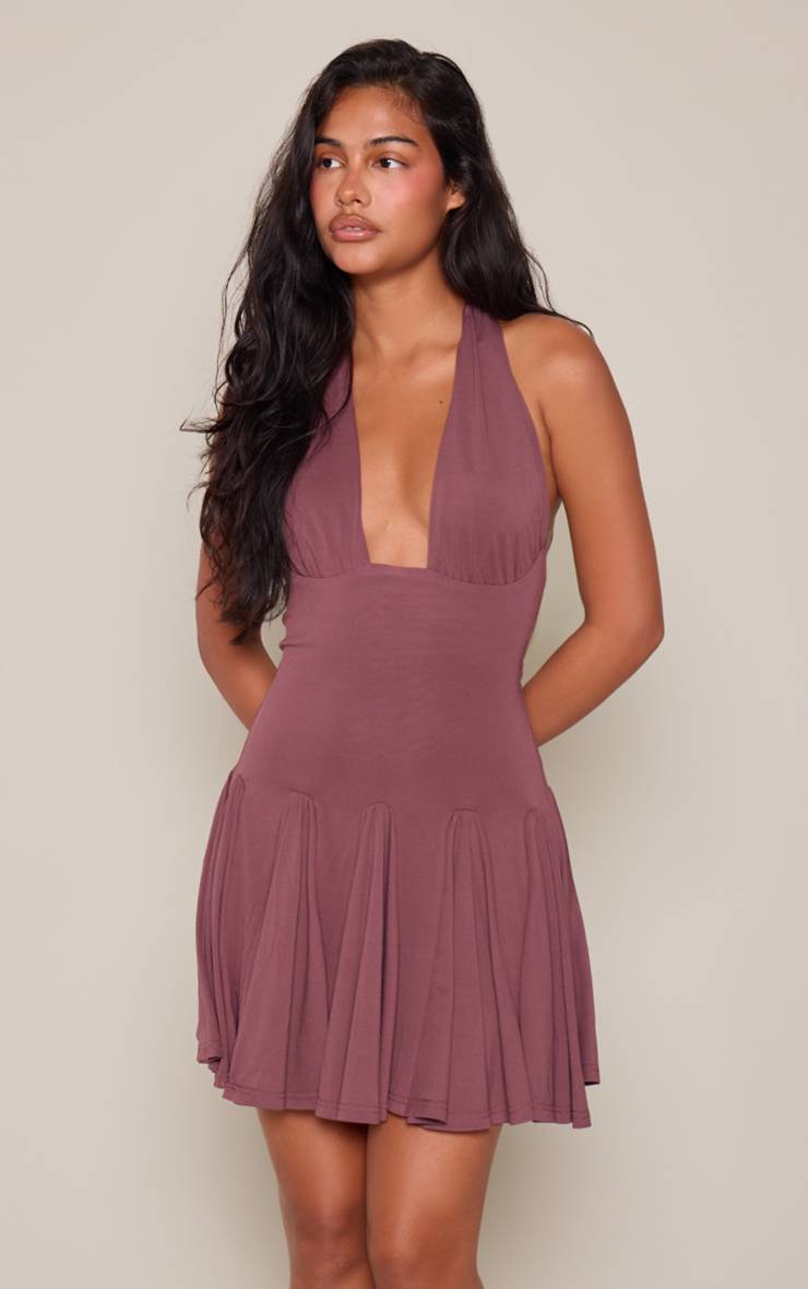Marron Robe Mini Plt Label Chocolat Froncée À La Poitrine Avec Godets Effet Slinky