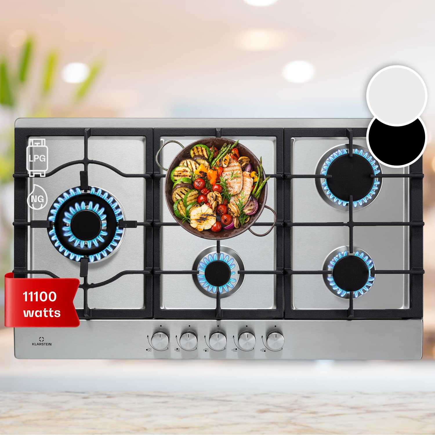 Klarstein Tables de Cuisson à Gaz, Plaque de Cuisson , Encastrable à 5 Feux de 11100W, Cuisiniere Gaz, Gaziniere avec Brûleurs en Acier Inoxydable, Cu