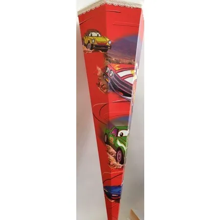Goldbuch Schultüte Autorennen weiße Borde und weißer Tüll, 85 cm, 6 eckig