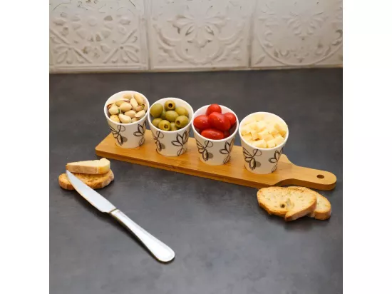~ Set apéritif tapas 4 verrines en bambou et céramique blanc et marron 34.5 x 8 cm
