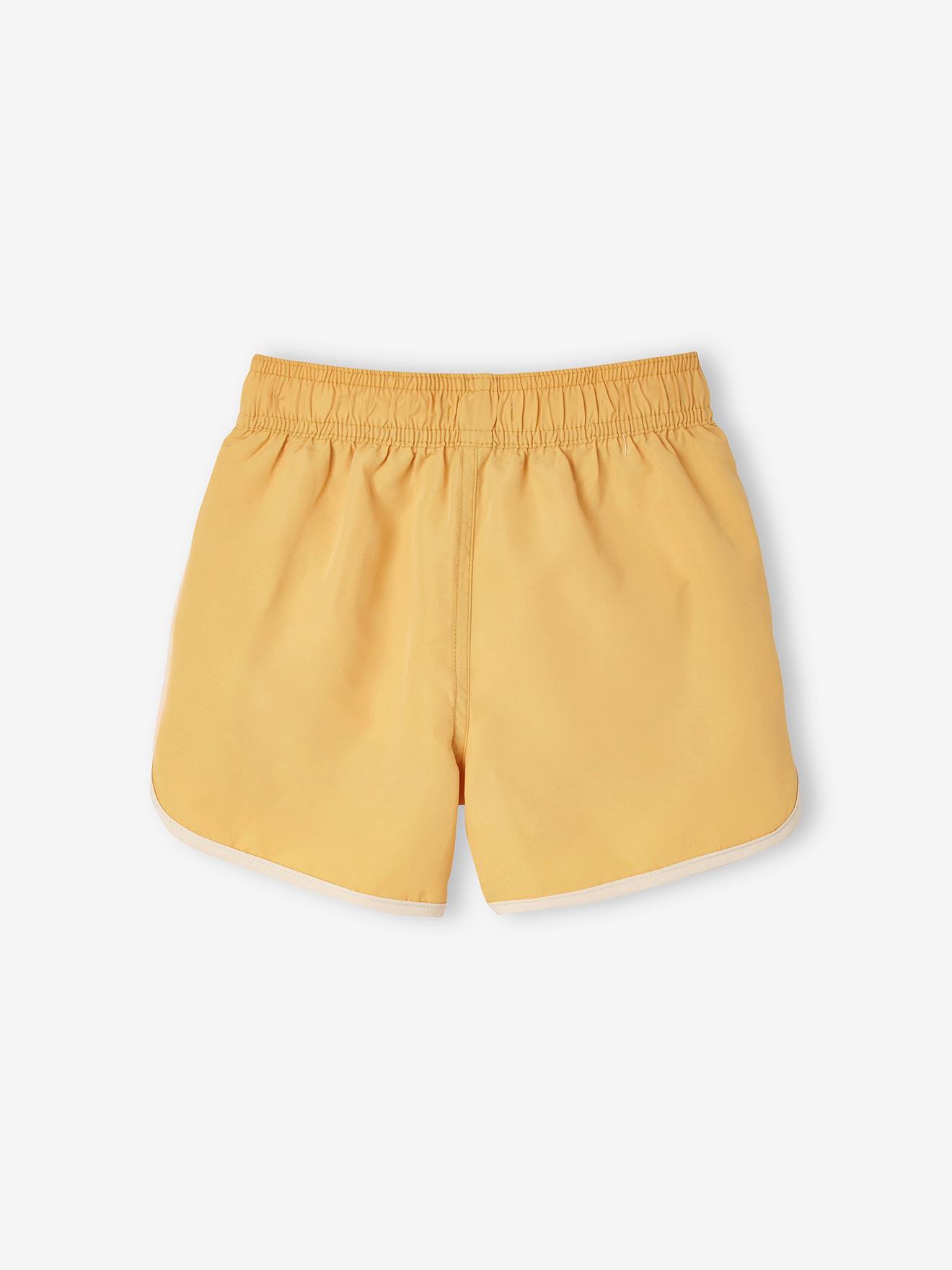 Calção de banho infantil bicolor com estampa de surf, amarelo claro liso.