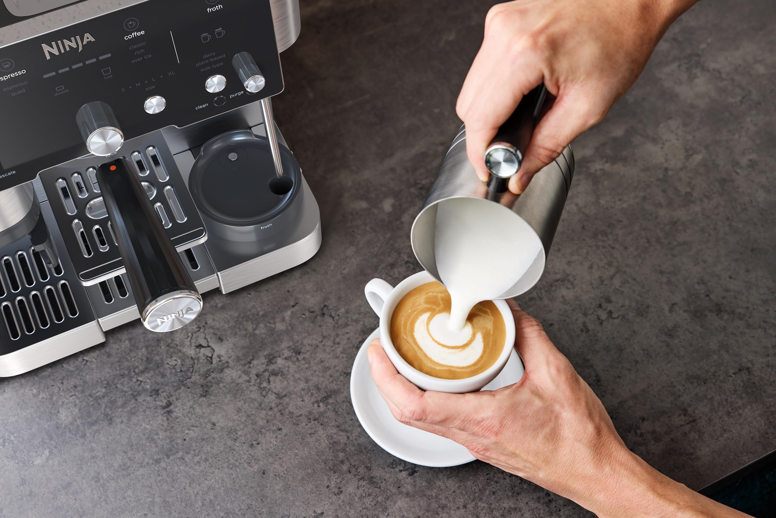 NINJA Machine à café Luxe Essential 2-en-1, Latte, Cappuccino et Espresso avec broyeur à grains et mousseur à lait intégrés, facile à utiliser, 2 prér