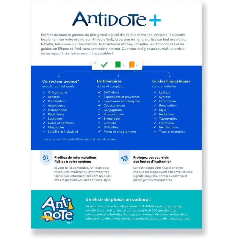 Logiciel Druide Antidote+ Familial - Antidote 12 + Antidote Web + Antidote Mobile - francais ou anglais - PC ou Mac - 1 an - Correcteur grammatical et dictionnaires