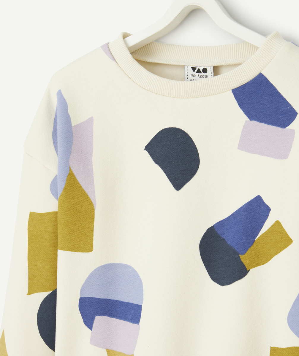 SWEAT GARÇON ÉCRU EN FIBRES RECYCLÉES IMPRIMÉ GÉOMÉTRIQUE COLORÉ