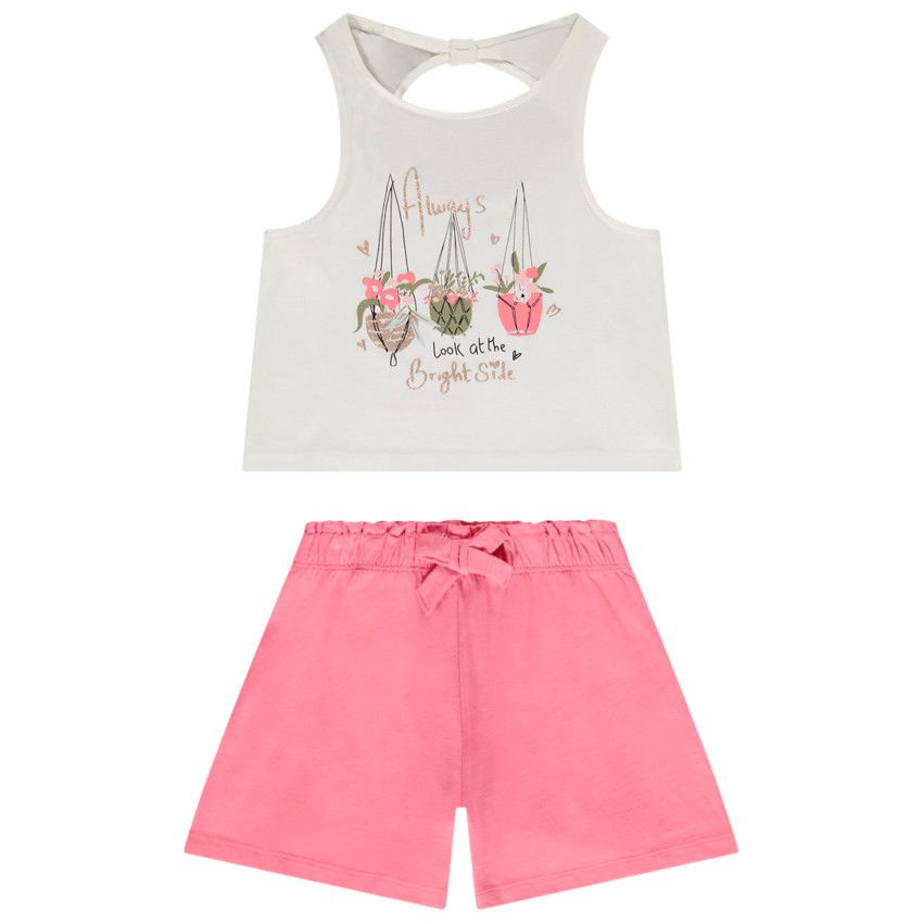 Ensemble 2 pièces en jersey débardeur printé + short uni pour fille - Ecru