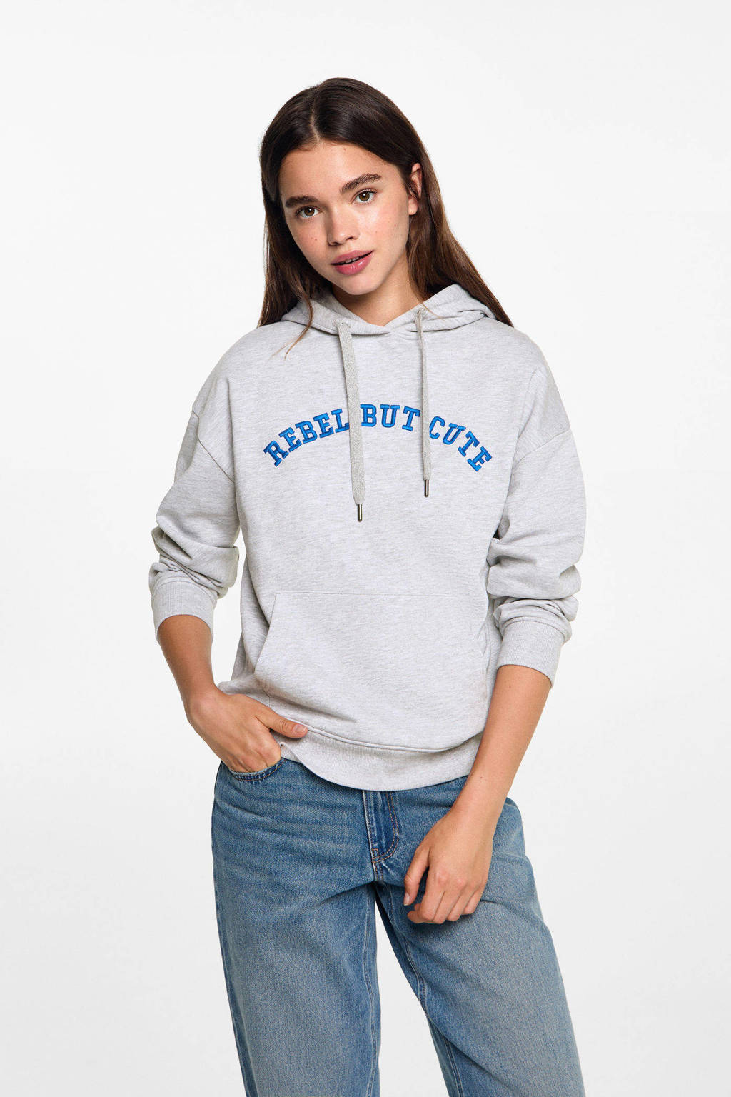 MANGO TEEN hoodie met tekst lichtgrijs melange