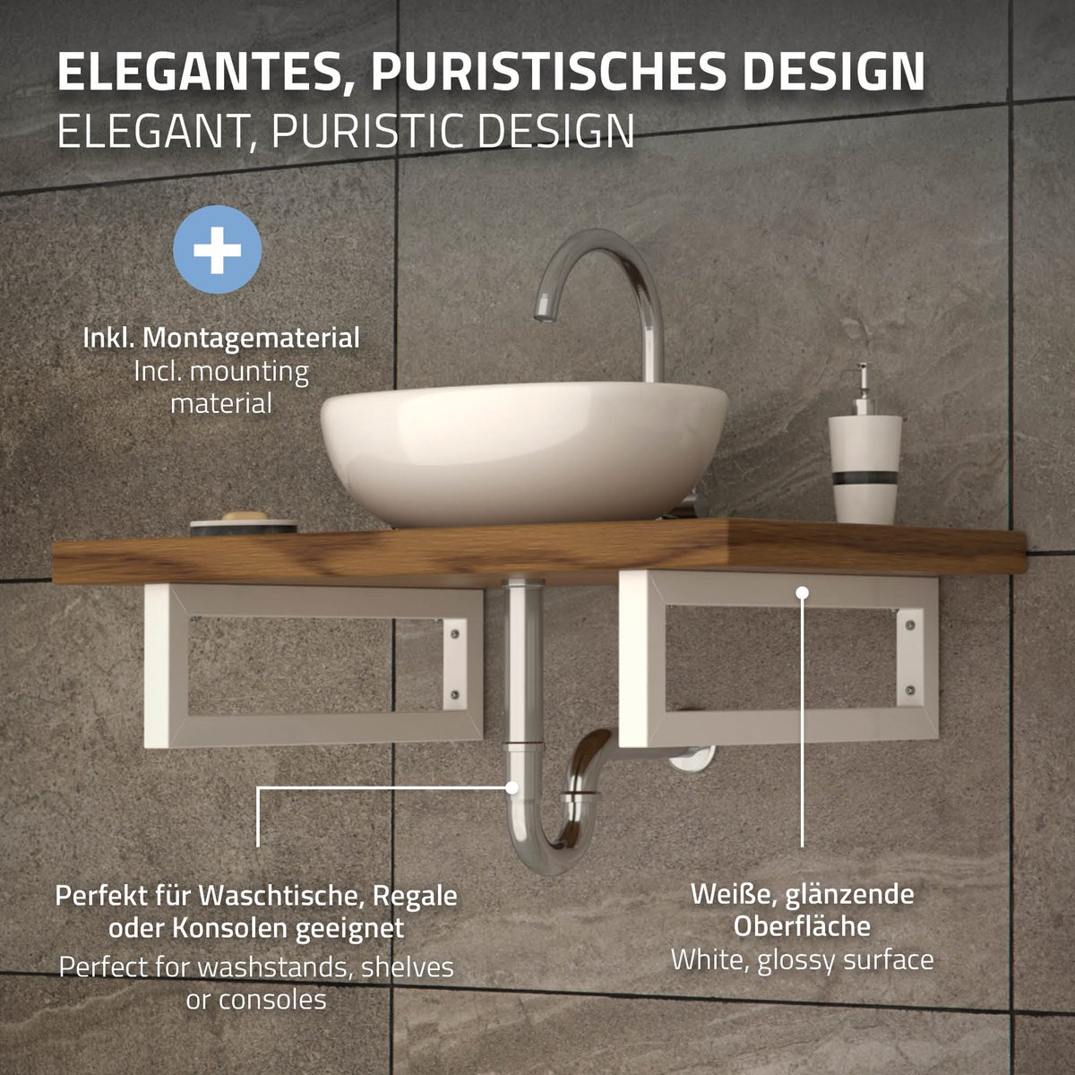 ML-Design 2-delige set wandconsole voor wastafel, 500x150 mm, wit, staal, design wastafelconsole, wandconsole onderkastmontage, consoledrager, plankdrager, handdoekhouder