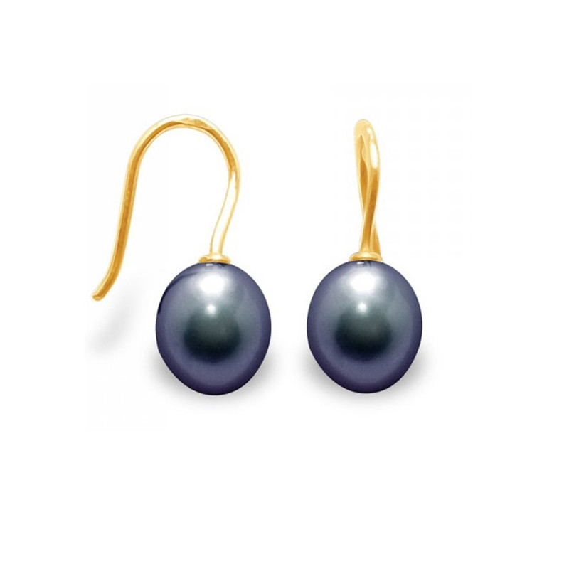 Boucles d'Oreilles a crochets Perles de Culture Noires et or jaune 375/1000