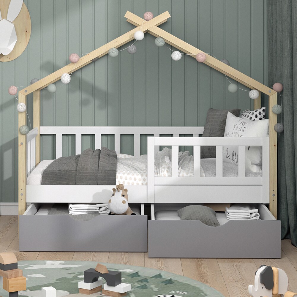 VitaliSpa Kinderbett Hausbett Einzelbett Design Weiß Grau Natur modern 70x140 cm Kinderzimmer Bett Massivholz Lattenrost Schublade Rausfallschutz Schubladenbett